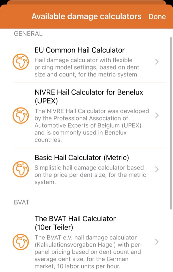 Lista dostępnych kalkulatorów szkód w HailMaster, w tym EU Common, NIVRE dla Beneluksu, Basic Metric i BVAT